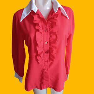 Medium Vintage Mod Blouse 1960's Fritzi Red Ruffled Button-Up Garage Indy Girl